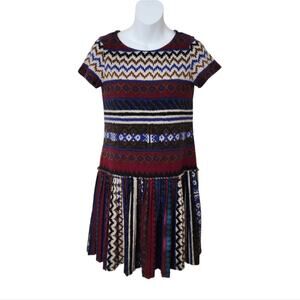 LONDON TIMES Multi Print Short Sleeves Pleated Knit Dress Size 2P